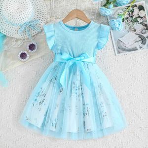 Flickans klänningar klänning för barn 4-7 år gammal sommar rufsad ärm söt bomullsblommig tyll prinsessa klänningar ootd för baby girll2405