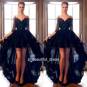 Krótki z przodu czarny koronkowy, wysoko niskie sukienki na balu z cekinami Mid Rleeves Spaghetti Straps Evening Party Formalne suknie ed1296 316n