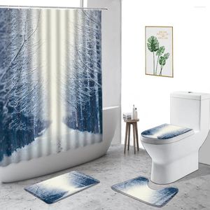 Duschgardiner 3D Snow Scenery Curtain Winter Forest Natural Landscape Badrum Dekor Set Flanell Non-Slip Mattor Toalettskydd