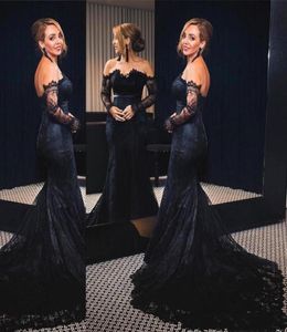 2018 New Black Off The Shoulder Lace Long Evening Dresses Long Sleeves Mermaid Formal Celebrity Party Guest Prom Gowns With Button5312167