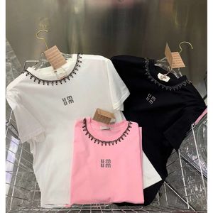 Miumiuss Summer Tshirt for Women Clothing Letter Embroidery Beads O-neck Short-sleeve T-shirt Femme Loose Casual Crop Top 100% Cotton Tee 9UA4 EBAV XLF8