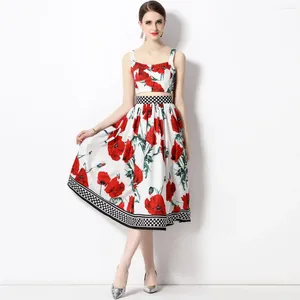 Work Dresses Runway Fashion Women Sicily Set 2024 Summer Spaghetti Strap Crop Top High Waist Skirt Rose Flower Print 2 Pieces N2010