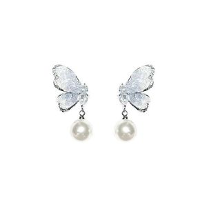 Personality Sweet Pearl Pendant Blue Crystal Zircon Butterfly Designer Stud Earrings for Women Fashion Trend Girls Jewelry Gift