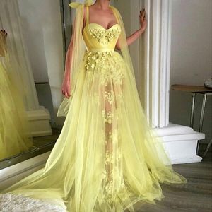 Custom A Line NONE Train New Prom Party Gown Sweetheart Sleeveless Tulle Yellow 3D Floral Appliques Evening Dresses 298Q