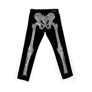 Men's Pants Rhinestone Jeans Y2K Strtwear Sketon Pattern Straight Mens Retro Hip Hop Fashion Womens Clothing 2023 H240513