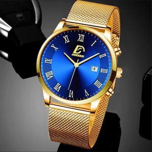 Armbandsur Mens Minimalistiska es lyxiga rostfritt stål Mesh Belt Quartz Wrist 2022 Men Business Casual Sports Clock Y240510