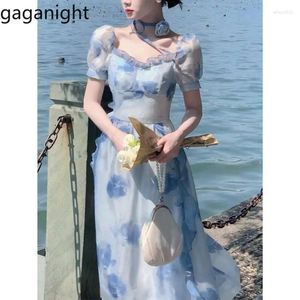 Платья для вечеринок Gaganight Женщины синие розовые чернила платье с печатью 2024 Летнее свет роскошная высокая талия тонкая фея фрагментированная шея.