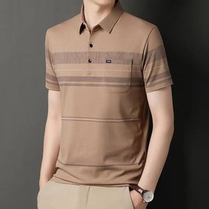 Mens T-shirt Short Sleeve Summer Turn-down Collar Striped Printing Pockets Button Embroidery Polo Tees Casual Comfort Tops 240513