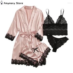 Odzież domowa 4PCS Różowy piżama garnitur dla kobiet satynowy jedwabna nocna szlafrok bielizna