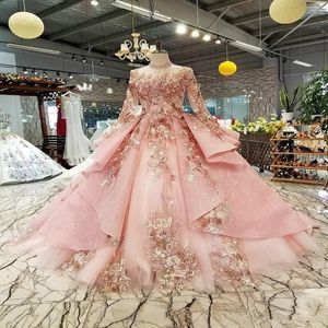 Pink Special dubai puffy party dresses Quinceanera Dresses high neck long tulle sleeve lace up back evening dresses can make for muslim 274s