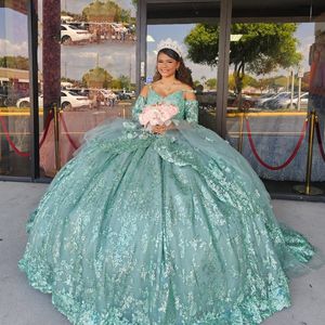 Nane Yeşil Parlak Prenses Quinceanera Elbise Gelin Robe Balo Eşyası Çiçek Aletleri Dantel Tull Gelin Elbiseler Vestidos 15 De Novia