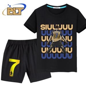 Ronaldo Siuuuuu gedruckte Kinderkleidung Kleidung Sommer T -Shirt -Anzug Shorts 2 Piece Set für Jungen und Mädchen 240511 geeignet