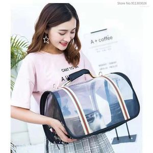 Transportadoras de gatos portador de animais de estimação bolsa dobrável bolsa de animais de estimação externa portátil transparente ombro respirável ombro espaço para gatos cachorros saco de pássaros