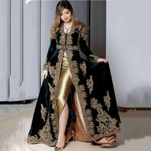 Marocco Mermaid Green Velvet Evening Dresses 2 Pieces Overskirt Split Gold Applique Lace Prom Formal Gowns Algerian Outfit 214H