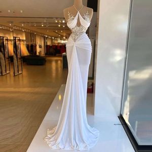2024 Sexy White Mermaid Evening Dresses Wear Jewel Neck Illusion Lace Crystal Beads Pearls Sleeveless Sheer Back Formal Prom Dress Party Gowns Plus Size 0513