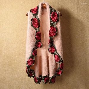 Women's Knits Winter Women Mohair Knitted Wraps Cargidans Lady Sleeveless Embroidery Rose Sweaters Crochet Flower Swing Dis5