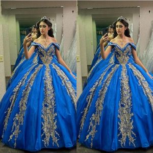 2023 Azul real e ouro Quinceanera vestidos fora do ombro Apliques florais de pérolas Princess Sweet 16 Vestido Prom Party 227J