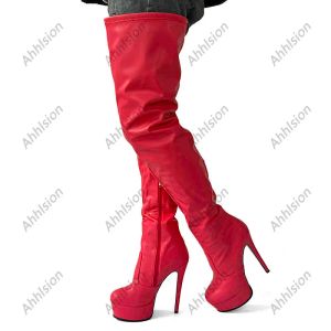 Handmade Women Winter Thigh Boots Sexy Stiletto Heels Round Toe Nice Pink Party Shoes Ladies US Plus Size 5-20