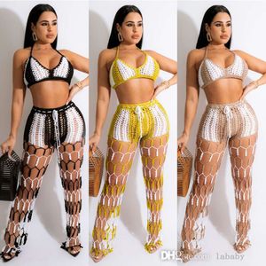 Stickad 2 -deluppsättningar Kvinnor Sexig ihålig perspektiv Beach Wear Tracksuits 2024 Ny Halter Sleeveless Bra Vest och Chic Pants Matching Set for Women Outfits