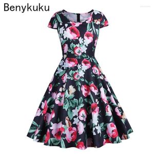 Party Dresses Rose Print Floral Vintage Dress O Neck Summer Clothes Women 2024 Short Sleeve Retro 50s 60s Skater Pin Up Swing A Line