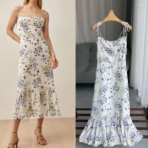 Casual Dresses Top End Women French Retro Printed Slim Adjustable Suspender Dress Elegant Lady Slash Neck Strap Female Prom Gown