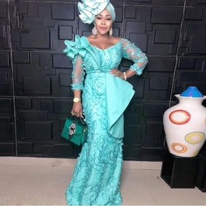 Aso ebi Style Mint Lace Prom Dresses Long Mermaid African Nigerian Invinence Dress Elegant 3 4 Sleeves Pagent Party Gowns Bride 2471