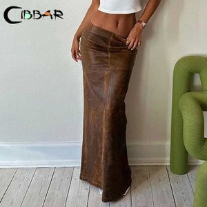 Saias Cibbar saia de couro marrom vintage com mulheres elegantes elegantes Rise Slim Long Pu Scamas 2023 Autumn Roupfits Y2K Aesthetic Y240513