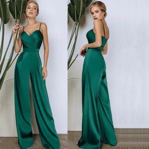 Green Jumpsuit Prom Dresses Sexy Spaghetti Strap Cocktail Party Outfit Ruched Satin Empries Ladies Robe de soiree 292h