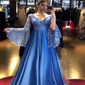 Charming Plus Size A Line Evening Dresses Puffy Long Sleeves Lace Applique Beaded V Neck Satin Floor Length Pleats Prom Gowns Party Wea 2182