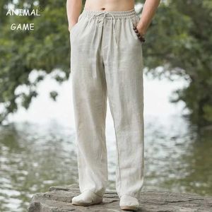 Men's Pants Sweatwear Mens Cotton Pants Summer Breathable Solid Color Linen Trousers Fitness Lightweight Beach Casual Men Pants Y240513