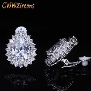 Stud CWWZircons Sile Hold Gorgeous Large Teardrop Cubic Zircon Oxide Perforated Earrings Clip Womens Gift CZ111 J240513