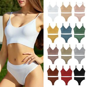 BRAS SETS LAMS 'LERERIE SET Wire Free Thin Padded Cup U Back BH med sexig T-back thong Solid Color Sports Underwear