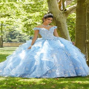 2022 Sky Blue Ball Gown Quinceanera klänningar pärlstav prinsessa söt 15 klänning med 3D blommor festklänningar vestidos de 16 xv a os 263w