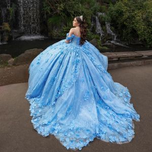 Mexiko Sky Blue Ballkleid Quinceanera Kleid Blumenblume Tull Pailletten von Schulter Sweet 16 Vestido de 15 Anos perlen