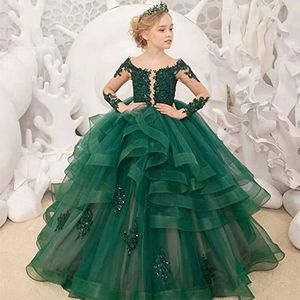 2024 long sleeve Flower Girl Dresses V Neck Beaded Princess Queen Communion Dress Tiered Tulle Little Kids First Birthday Daughter and Mother Dresses Marriage Gowns