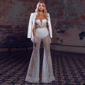 Runway Dresses Jumpsuit Sparking Beaded Evening Dresses with Jacket Strapless See Through Outfit For Special Occasion Gowns