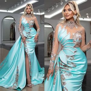 Glamorous Lake Blue Evening Dresses High Illusion Long Sleeves Prom Dresses Rhinestones Side Split Long Celebrity Women Formal Party Pa 268P
