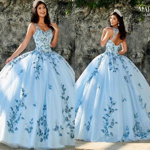 2023 Niebieskie sukienki Quinceanera Aplikacje Koraliki Szukaj szyja Księżniczka Suknia balowa Słodka 16 Tiuls Princess PROM SUKIENKA SUNKS 266H