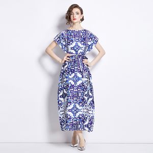패션 느슨한 여름 여자 최대 드레스, 벨트가있는 슬래시 넥 레이스 업 드레스, 짧은 소매