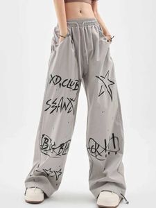 Women's Pants Capris Jmprs Strtwear Hand Painted Cargo Pants Women Harajuku Retro Design Trousers Hip Hop American Vintage High Waist Lace Up Pants Y240509