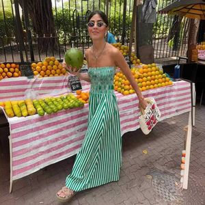 Two Piece Dress Green Striped Strapless Women Elegant Casual Loose Long Beach Holiday Dresses Summer Fashion Folds Bohemia Outfits 2024 Q240511