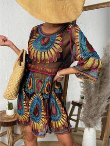 Boho Beach Cover-Up Women Dresses O Neck A-Line Mini abito in pizzo Summer Casual Bikini Vestidos Sexy Transparent Colorful Abe