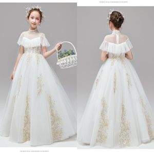 2021 First Holy Communion Dresses High Neck elfenben Tulle guld broderad boho korta ärmar blommor gilr klänning för bröllop småbarn erkännande 256c