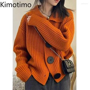 Women's Knits Kimotimo Autumn Winter Knitted Cardigan Women Chic Large Buttons Lapel Sweater Coat 2024 Simple Fashion Loose Lazy Pulls Top