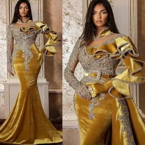 2022 Plus Size Arabic Aso Ebi Gold Luxurious Mermaid Prom Dresses Lace Beaded Crystals Evening Formal Party Second Reception Birthday E 285C