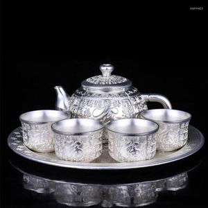 Zestawy herbaciarni Wysokiej klasy srebrna herbata ręcznie robione pozłacane teapot chińskie prezenty ceremonii jeden garnek i cztery filiżanki
