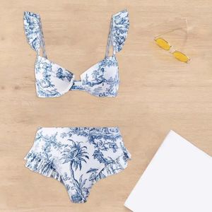 Женские купальные костюмы Женщины Boho Beach Steepling Bohemia Style Ruffle Sline Bandeau Bra High талия плавание с цветочным принт