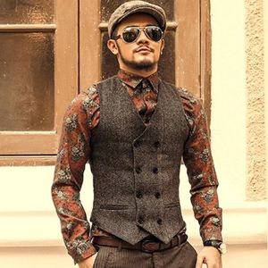 Brown Double Breasted Groom Vests 2019 Wool Tweed Formal Groom's Wear Suit Vest Men's Wedding Tuxedo Waistcoat Plus Size 317p