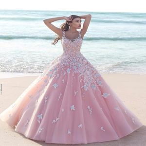 Princess Floral Flower Pink Ball Gown Quinceanera klänningar 2021 Applique Tulle Scoop ärmlös spetsbodice Long Prom Dresses Formal Par 205n
