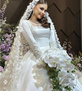 2024 satynowe sukienki ślubne księżniczki kwadratowy obrońca 3d kwiaty długie rękawy pannowra sukienki wiejskie sukienka ślubna vestido de novia szata Mariee